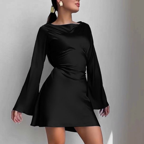 Women's Elegant Satin Short Skirt Dress Waist Cinching Ribbon Cross European American Style Autumn Slim Fit_ecoleips.com