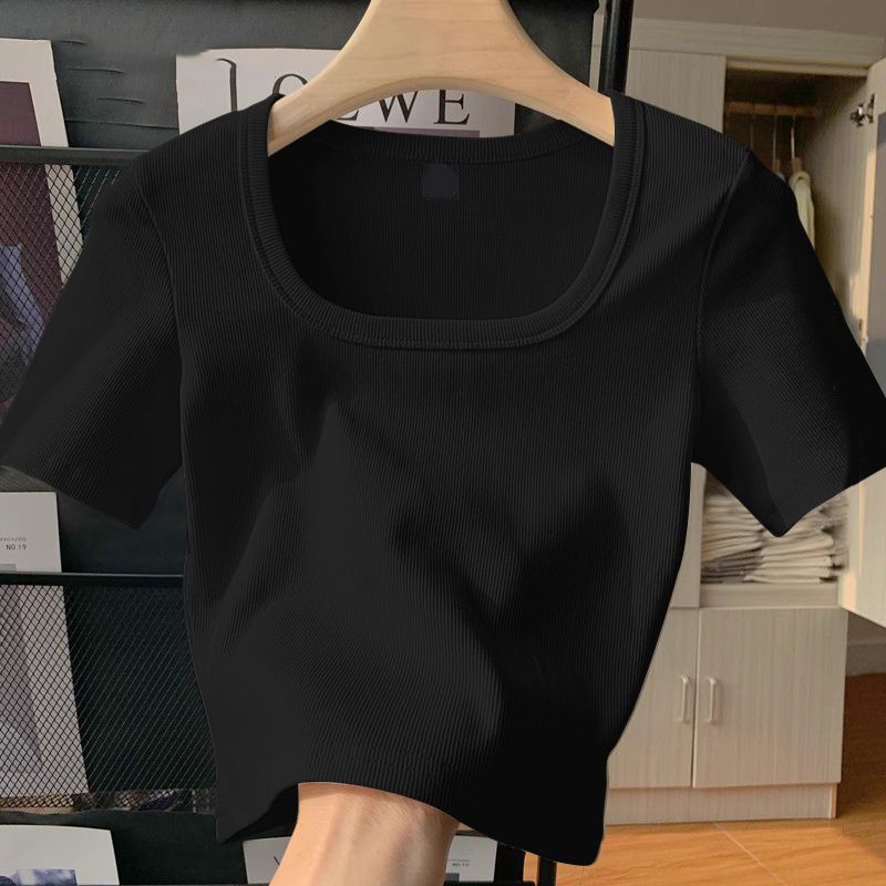Women's Clothing New Style Square Collar Straight Shoulder Thread Vest Short Sleeve Ladies Spring Summer Autumn New Slim Bottoming Shirt Top_ecoleips.com