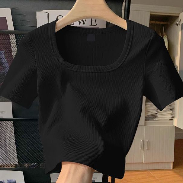 Women's Clothing New Style Square Collar Straight Shoulder Thread Vest Short Sleeve Ladies Spring Summer Autumn New Slim Bottoming Shirt Top_ecoleips.com