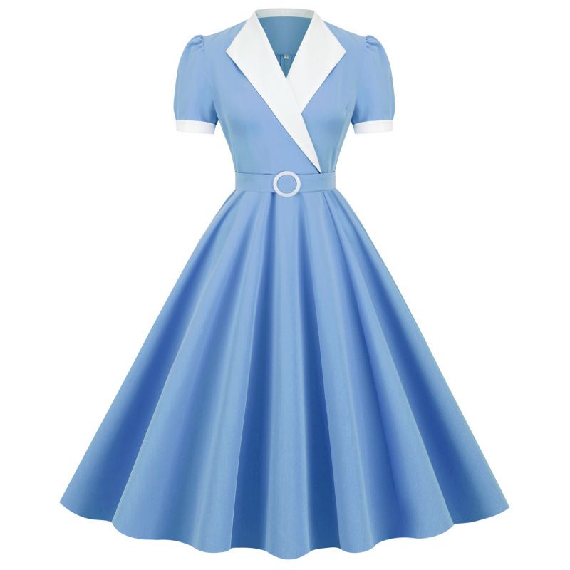 Vintage Contrast Lapels Crossbody Stand-Up Collar Lace-Up Short Sleeves Large Swing Bridesmaid Dresses Photo Dresses Who_ecoleips.com