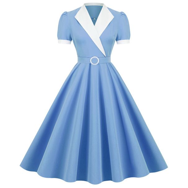 Vintage Contrast Lapels Crossbody Stand-Up Collar Lace-Up Short Sleeves Large Swing Bridesmaid Dresses Photo Dresses Who_ecoleips.com
