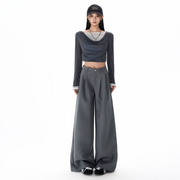 Autumn New Wide-Leg Loose Pleated Casual Versatile Solid Color Straight-Leg Floor-Length Pants For Women Thick_ecoleips.com