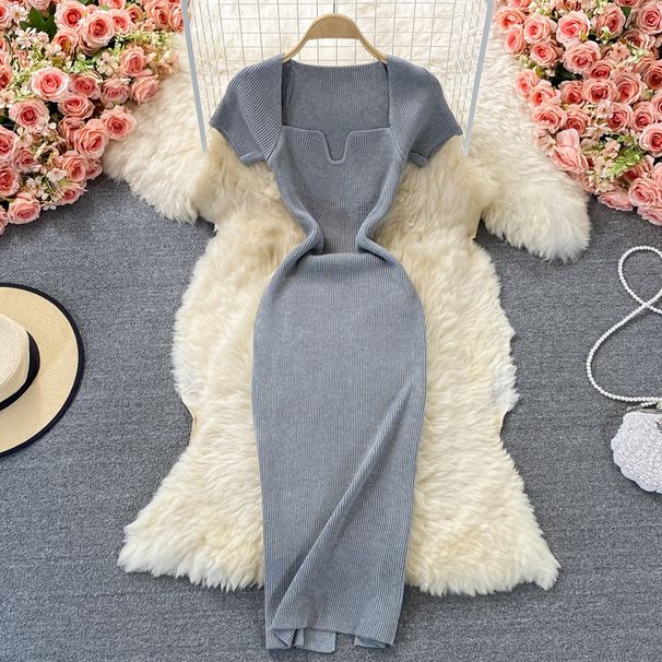 Women's Clothing Tight Slim Square Collar Knitted Dress Short-sleeved Elegant Sexy Spice Girl Hip Long Dress_ecoleips.com