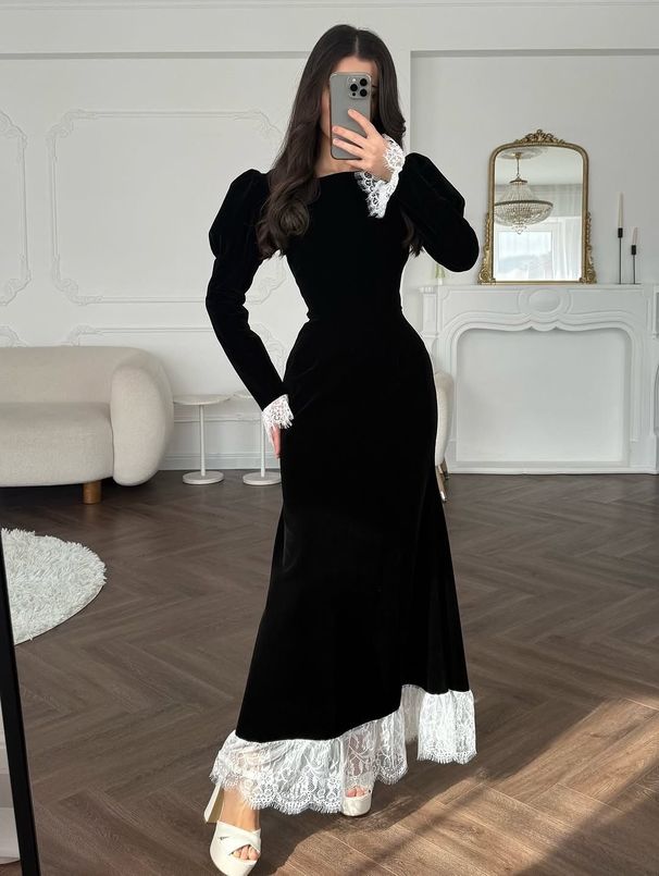 Winter Elegant Lace Trim Dress – Slimming High Waist A-Line Maxi Dress, Long Sleeve Polyester Blend Dress (Black, Red, Coffee)_ecoleips.com