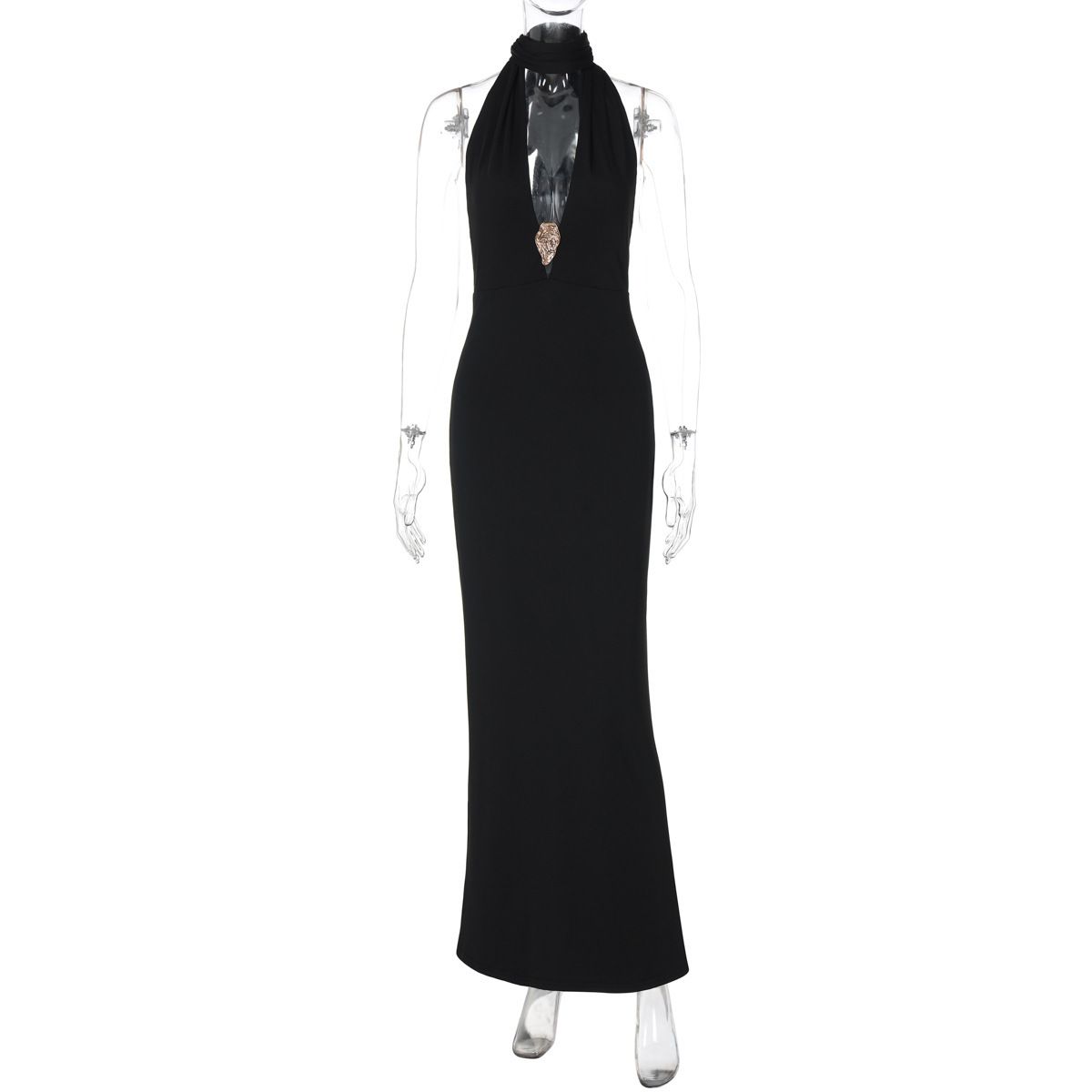 European And American Best-Selling Women's Clothing 2025 Summer New Sexy Deep V Halter Neck Ribbon Slim Sleeveless Dress_ecoleips.com