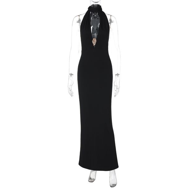 European And American Best-Selling Women's Clothing 2025 Summer New Sexy Deep V Halter Neck Ribbon Slim Sleeveless Dress_ecoleips.com