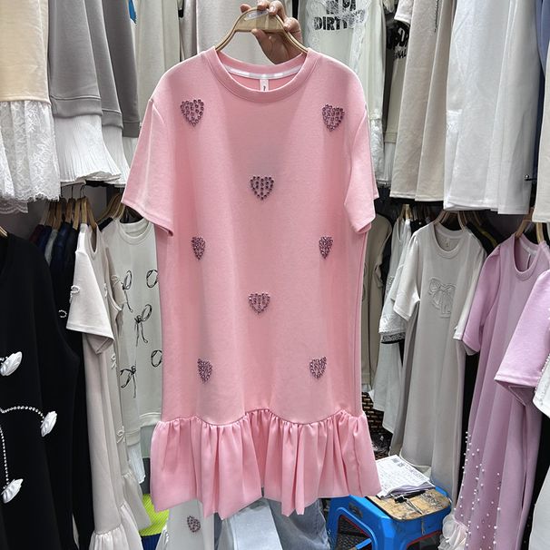 Women's Rhinestone Embellished Heart Dress European American Style Summer Loose Fit Slimming Round Neck Ruffled Hem Fashionable_ecoleips.com