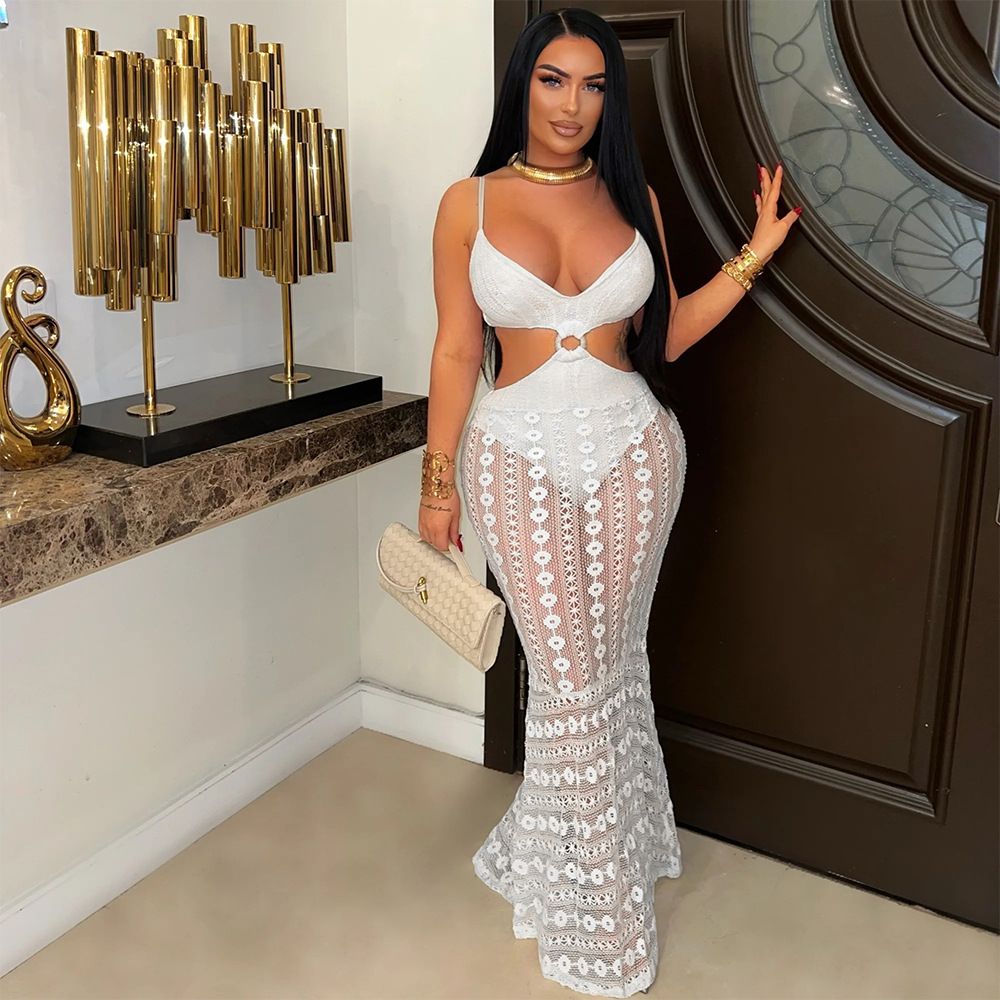 Women's Clothing Sexy Suspenders V Neck Lace See Through Hip Dress Waist Revealing Long Skirt New Style_ecoleips.com