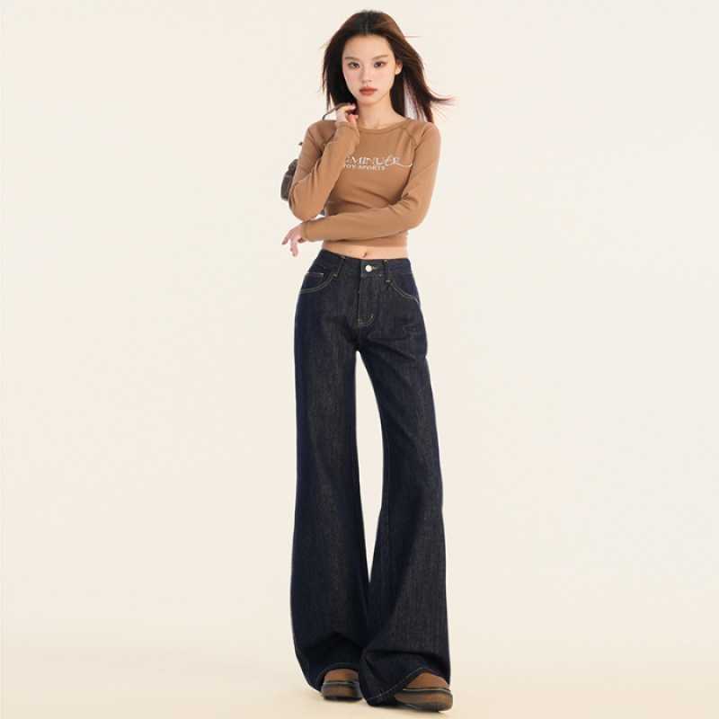 Vintage Dark Blue Flared Jeans For Women, Spring Collection, Loose Fit, Non-clingy, Floor-length Bell-bottom Pants,_ecoleips.com