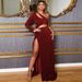 Women's Clothing wine red high-end style off-shoulder shoulder slit dress sexy high waist_ecoleips.com