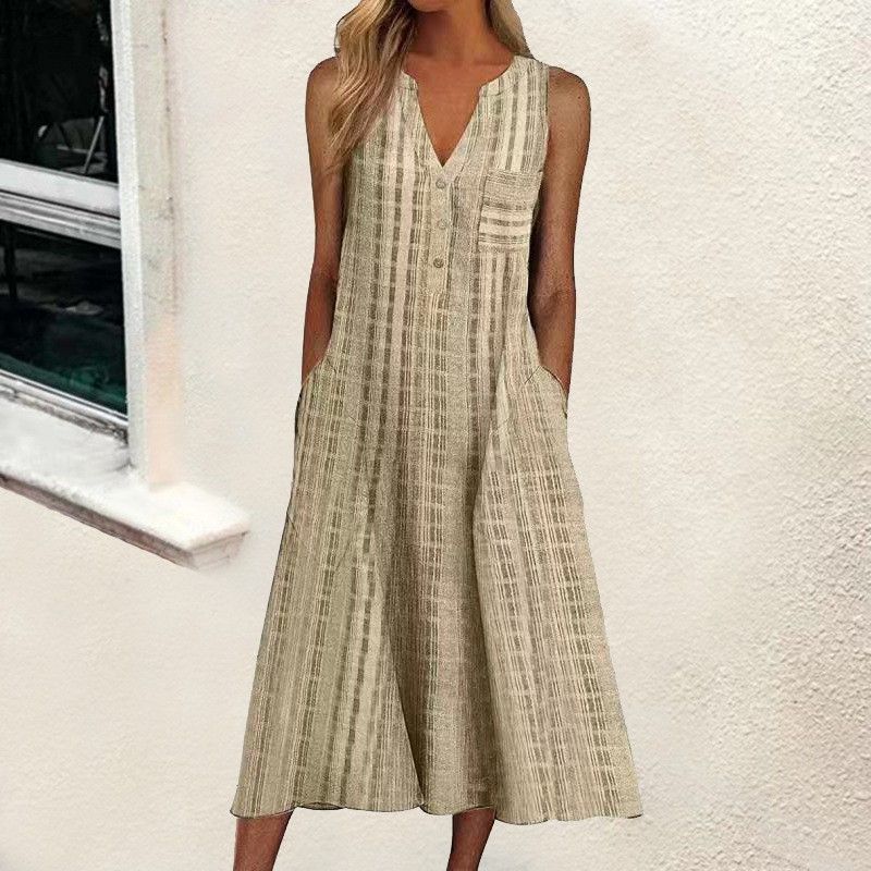 Women Casual Striped Dress Stylish V‑Neck Sleeveless Design With Convenient Side Pockets_ecoleips.com