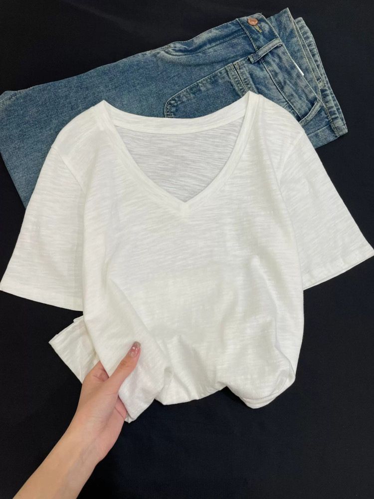 High-end White T-shirt Women's Spring Summer V-neck Bamboo Cotton Short-sleeved Thin Casual Inner Bottoming Shirt Korean Version Top_ecoleips.com