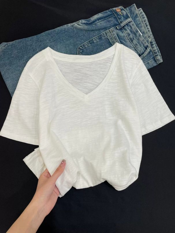 High-end White T-shirt Women's Spring Summer V-neck Bamboo Cotton Short-sleeved Thin Casual Inner Bottoming Shirt Korean Version Top_ecoleips.com