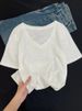High-end White T-shirt Women's Spring Summer V-neck Bamboo Cotton Short-sleeved Thin Casual Inner Bottoming Shirt Korean Version Top_ecoleips.com