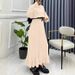 Elegant Muslim Long Sleeve Maxi Dress With Belt - High Waist Knitted Office Dress For Women - Soft Polyester Blend Stretchy Fabric - Beige_ecoleips.com