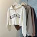 Women's Autumn Thin Loose Slimming Short Waist-Cinching Sweatshirt With Half-Zip Polo Collar And Printed Design For_ecoleips.com