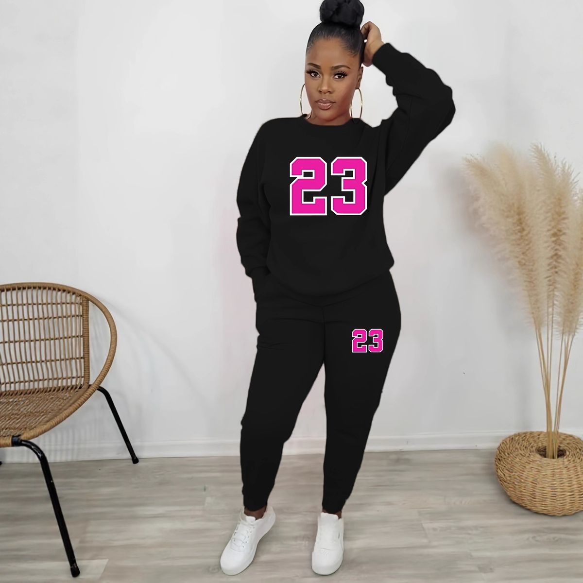 Women's Fleece Lined Sweatshirt Set Style Two Piece Crew Neck Casual Printed Suit R23_ecoleips.com