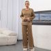 Women's Solid Color Winter Outfit Set: Colorful Collared Knit Sweater With High Waist And Wide Leg Pants_ecoleips.com