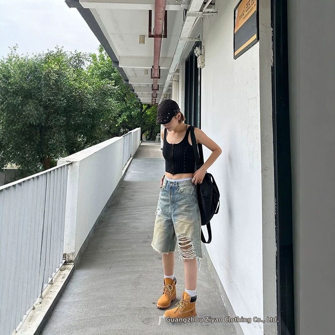 Summer High Street Women's Ripped Denim Mid-Length Shorts Slim Fit Straight Leg Distressed Washed Frayed Edges Five Point_ecoleips.com