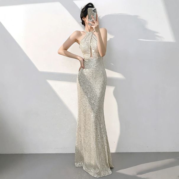 Women's Elegant Long Dress New Style Sexy Halter Neck Mermaid Style Sequined Evening Gown For Banquets_ecoleips.com