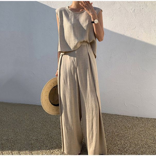 Women's Clothing Summer And Autumn New Cotton And Linen Fashion Casual Loose Two Piece Sleeveless Top Loose Wide Leg Pants_ecoleips.com