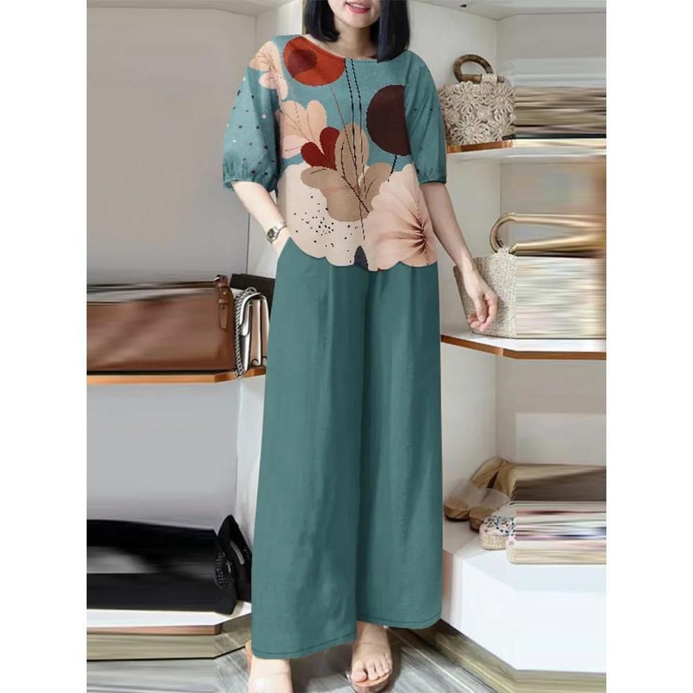 Women's Autumn Fashion Printed Wide Leg Pants Two Piece Set Cross Border Foreign Trade for European And American Markets_ecoleips.com