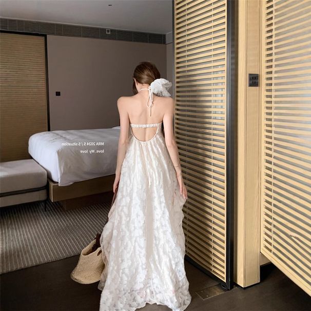 French Style Neck Hanging Dress For Women, Summer Seaside Vacation Style, Big Backless Long Skirt, Super Fairy_ecoleips.com