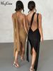 Hugcitar V Neck Backless Adjustable Straps Solid Bandage Draped Slit Sexy Maxi Dress Summer Women Elegant Birthday Party Outfit_ecoleips.com