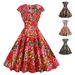 Women's Clothing Retro V Neck Maxi Dress Red Flower Print Summer Short Sleeve American Style In Stock_ecoleips.com