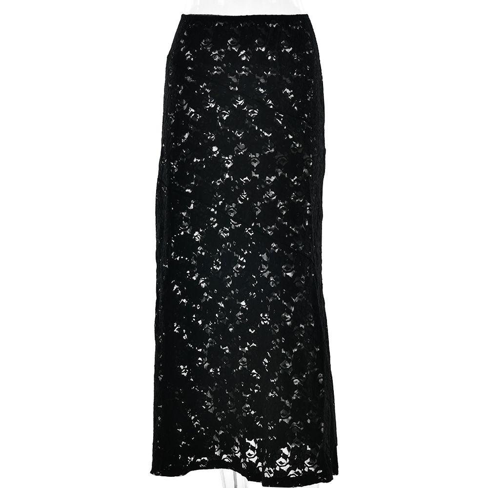 Verve Ins Spring Summer New Sexy Lace Midi Fashion Slim Fit Sheer High Waist Skirt_ecoleips.com