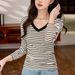 2025 #Selection Of Pure Cotton # Striped V-Neck Long Sleeved T-Shirt For Women In Autumn 2025, New Stylish Slim Fit Versatile_ecoleips.com