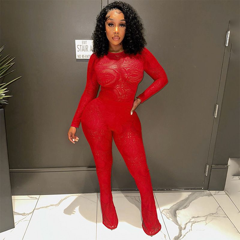 Women's Lace Sheer Jumpsuit Set - Long Sleeve Hollow Out Bodysuit With Floral Print Pants, Streetwear Style (S-L)_ecoleips.com
