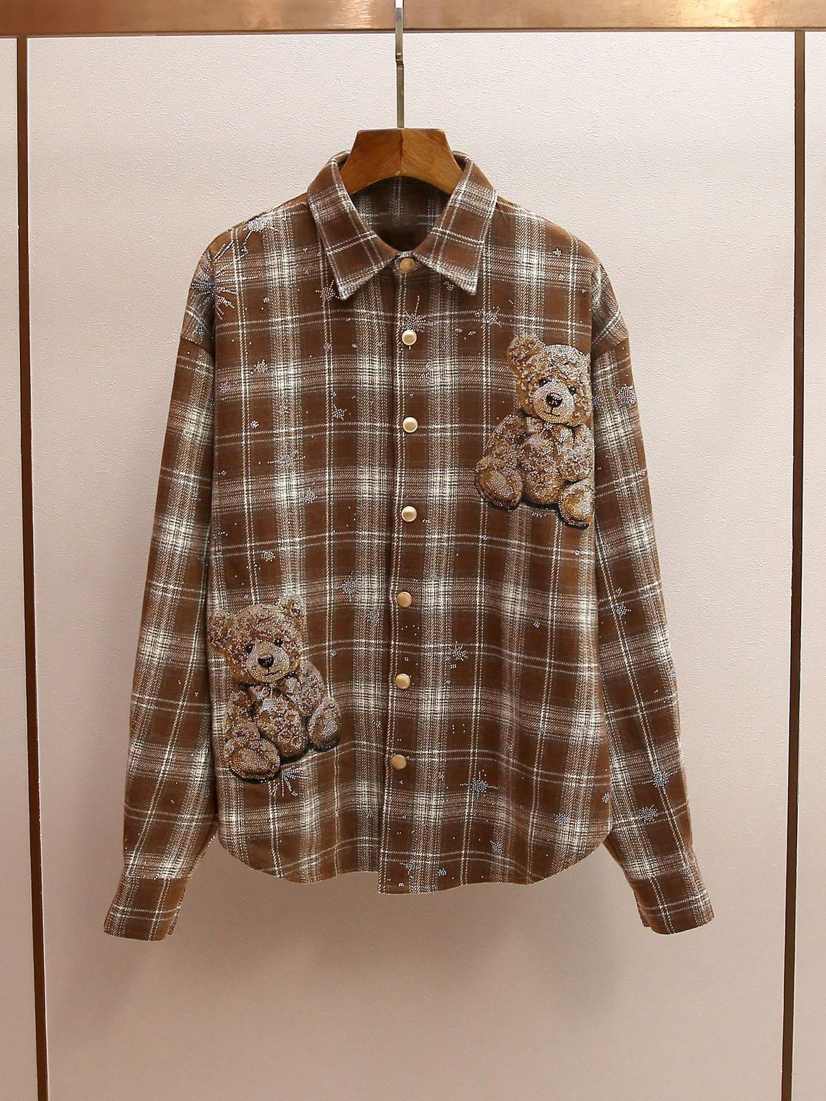 Women's High-End Rhinestone Embellished Bear Pattern Plaid Shirt Lapel Single-Breasted Casual Blouse For Autumn Winter_ecoleips.com