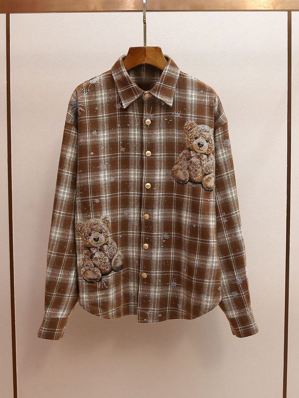 Women's High-End Rhinestone Embellished Bear Pattern Plaid Shirt Lapel Single-Breasted Casual Blouse For Autumn Winter_ecoleips.com