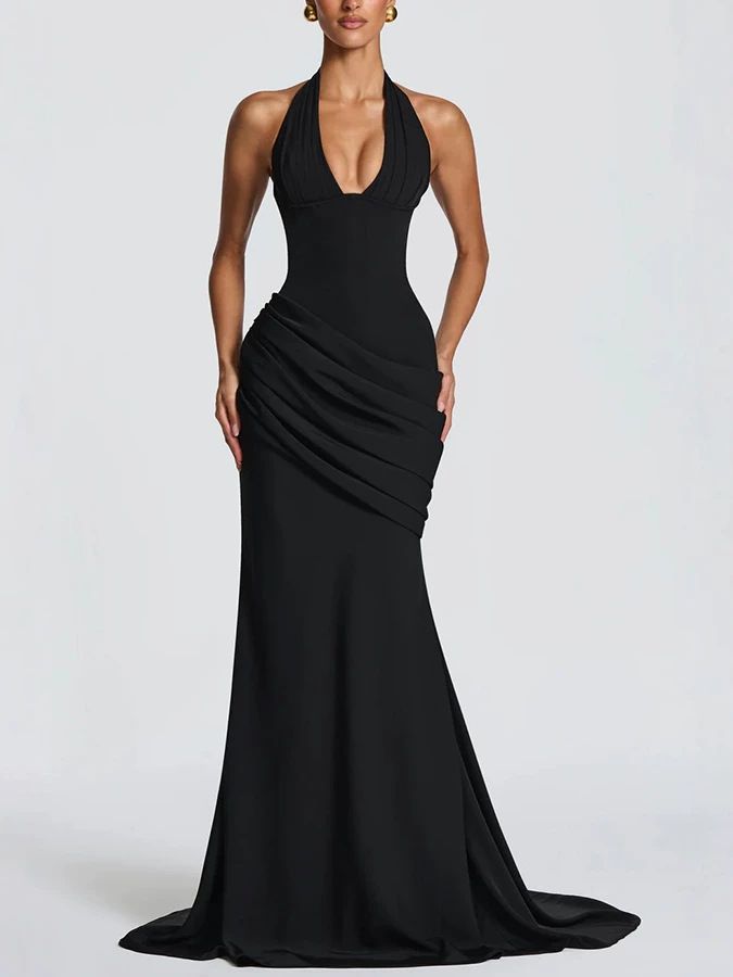 Elegant Backless Sleeveless Dress With Tie-Waist & Flowy Skirt - Chic Solid Color Bodycon Midi Dress For Women_ecoleips.com