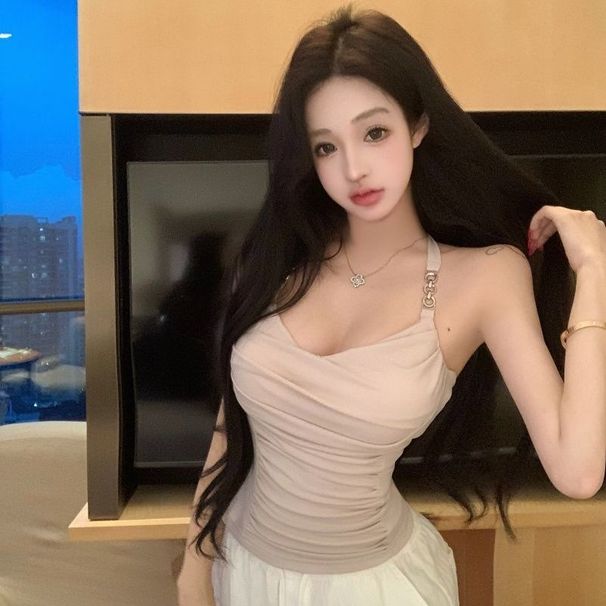 French-style Pleated V-neck Halter Top, New Summer Model, Elegant And Figure-flattering With Metal Buckle Straps_ecoleips.com