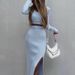 Women's Clothing Ribbed Knit Long-Sleeve T-Shirt & High-Slit Bodycon Skirt Set – Streetwear Essentials (S-L, Black/Blue/Tan)_ecoleips.com