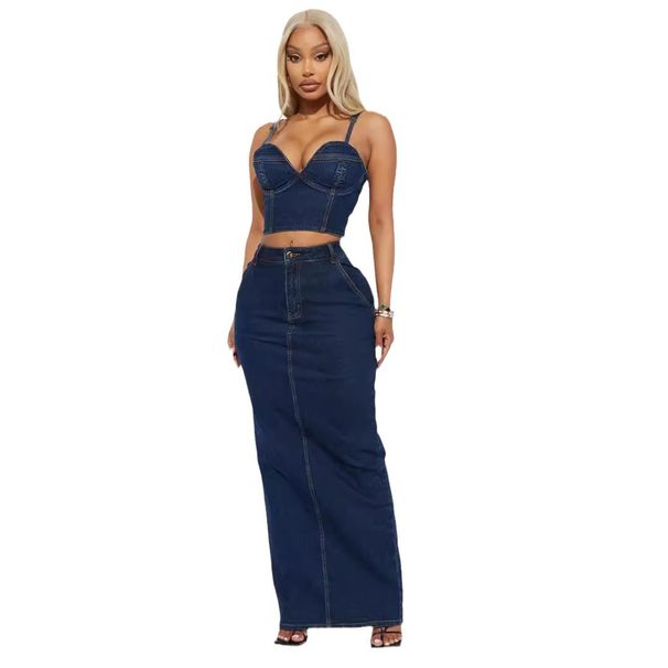Women's Clothing Denim Dark Sexy Suspender Long Skirt Dress Denim Suit_ecoleips.com