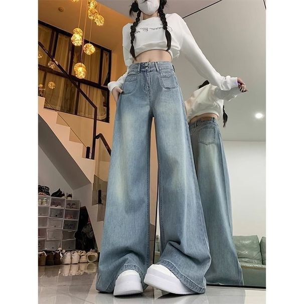 Light Blue Double-button Wide-leg Jeans For Women, 2025 Spring-summer New Style, High-waisted, Loose-fitting, Slimming,_ecoleips.com
