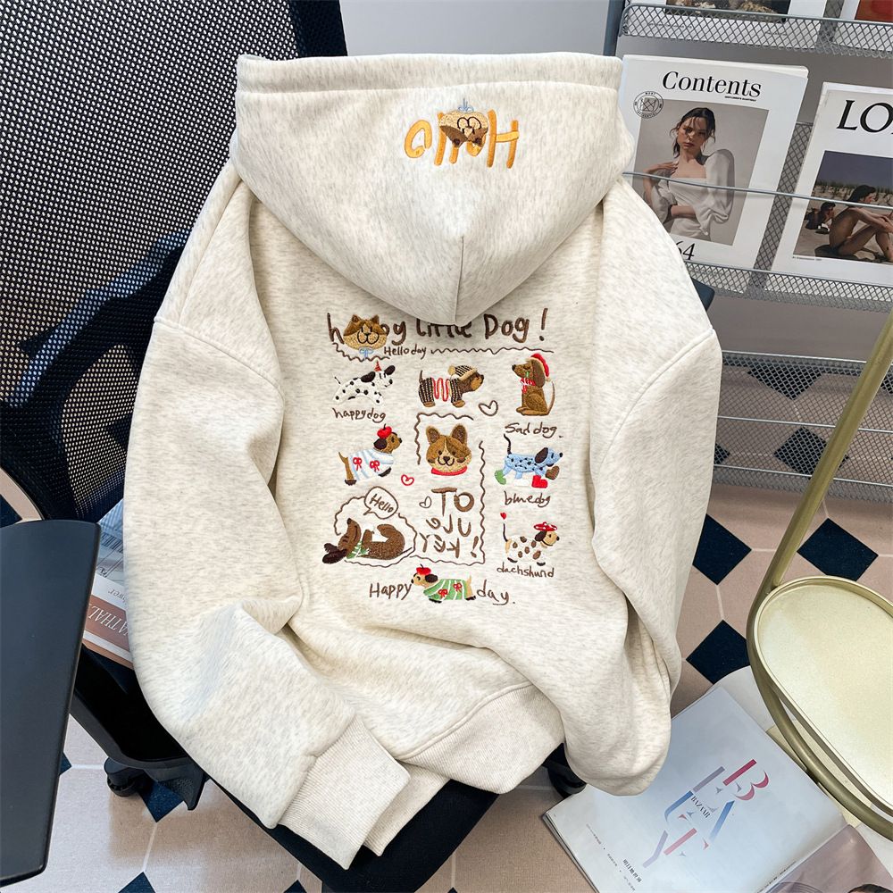 Retro Hong Kong Style Embroidered Hooded Sweatshirt Thickened Warm Fleece Lined Jacket Autumn Winter Heavy Duty for Women_ecoleips.com
