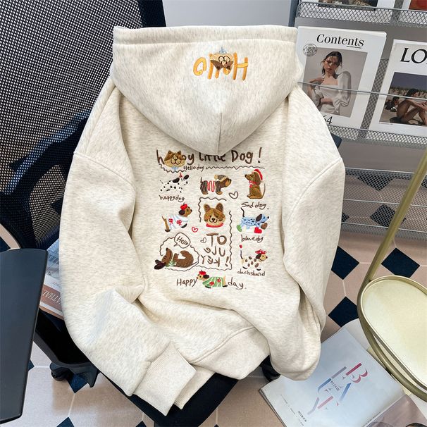 Retro Hong Kong Style Embroidered Hooded Sweatshirt Thickened Warm Fleece Lined Jacket Autumn Winter Heavy Duty for Women_ecoleips.com