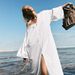 Spring/Summer Cross Border Pure Cotton Dress V Neck Slit Loose Fit Tie Waist European American Style Casual Elegant Fashion_ecoleips.com