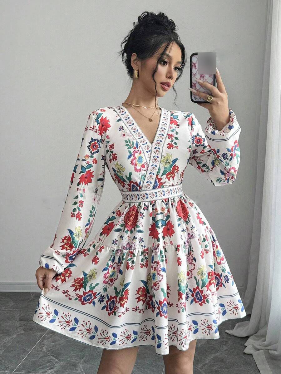 Women's Clothing New Privé Pattern V Neck Long Sleeve Dress_ecoleips.com