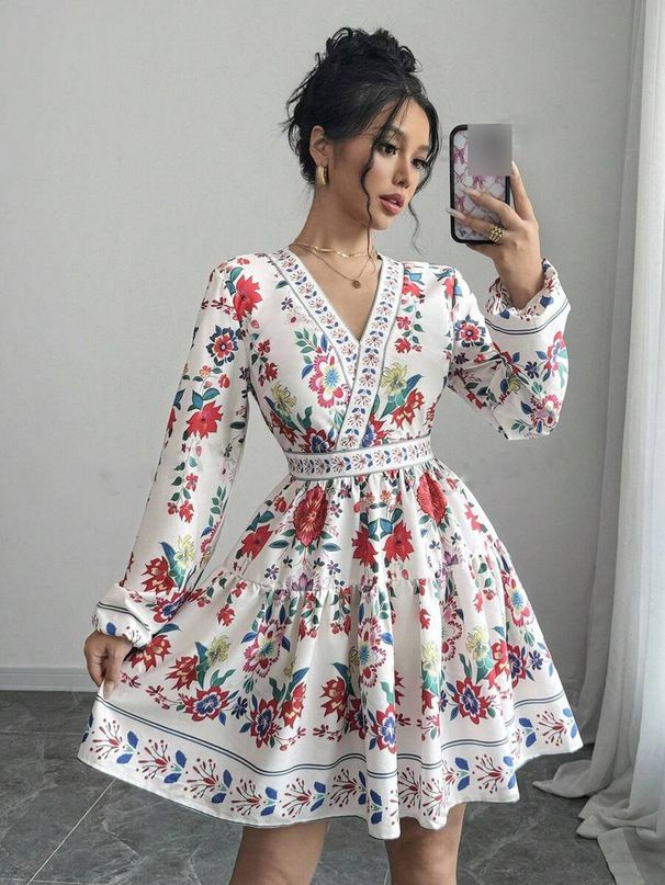 Women's Clothing New Privé Pattern V Neck Long Sleeve Dress_ecoleips.com