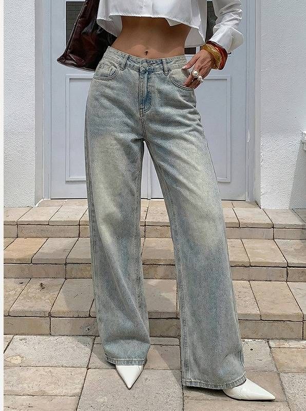 Women's High-Waisted Wide-Leg Jeans – Vintage Washed Flowy Denim Pants For Effortless Boho Chic_ecoleips.com