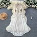 Women's Clothing Lace Trim Dress – Bow Accent, Waist-Defining Pleats, Long Sleeve Elegance"_ecoleips.com