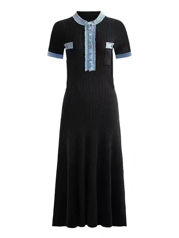 Women's Clothing Denim Tassel Trim Stitching Knitted Dress_ecoleips.com