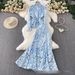 Luxury Embellished Lace Blouse & Mermaid Skirt Set – Elegant V-Neck & Tailored Waist | Blue & Beige | M-4xl_ecoleips.com