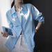 French-style Blue Polo Collar Sun Protection Shirt Women, Loose Casual For Spring And Summer, Long-sleeved Thin_ecoleips.com