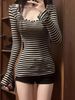 Slim Fit Long Sleeve V-Neck Striped T-Shirt Women's Design Base Layer Sweet Spicy Large Collar Trendy Korean Style Top_ecoleips.com